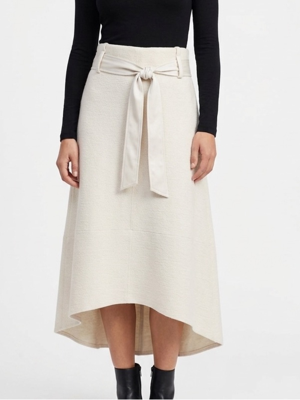 CATHERINE MALANDRINO New Ivory Cream Knit A Line Skirt High Low Belt Size Large